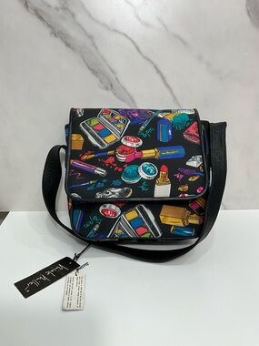 NICOLE MILLER Cosmetic Print Crossbody Bag Black Multicolor Makeup Print NWT